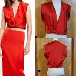 Zara satin low Vneck twist front crop top red linen/viscose size M